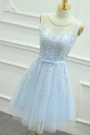 A Line Round Neck Lace Blue Short Prom Dress, Short Blue Lace Formal Graduation Homecoming Dress