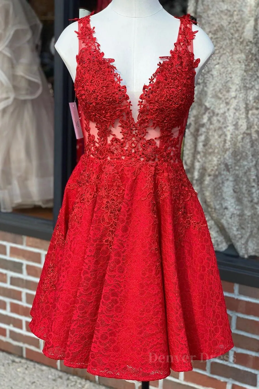 A Line V Neck Short Red Lace Prom Dress Red Lace Formal Graduation Homecoming Dress