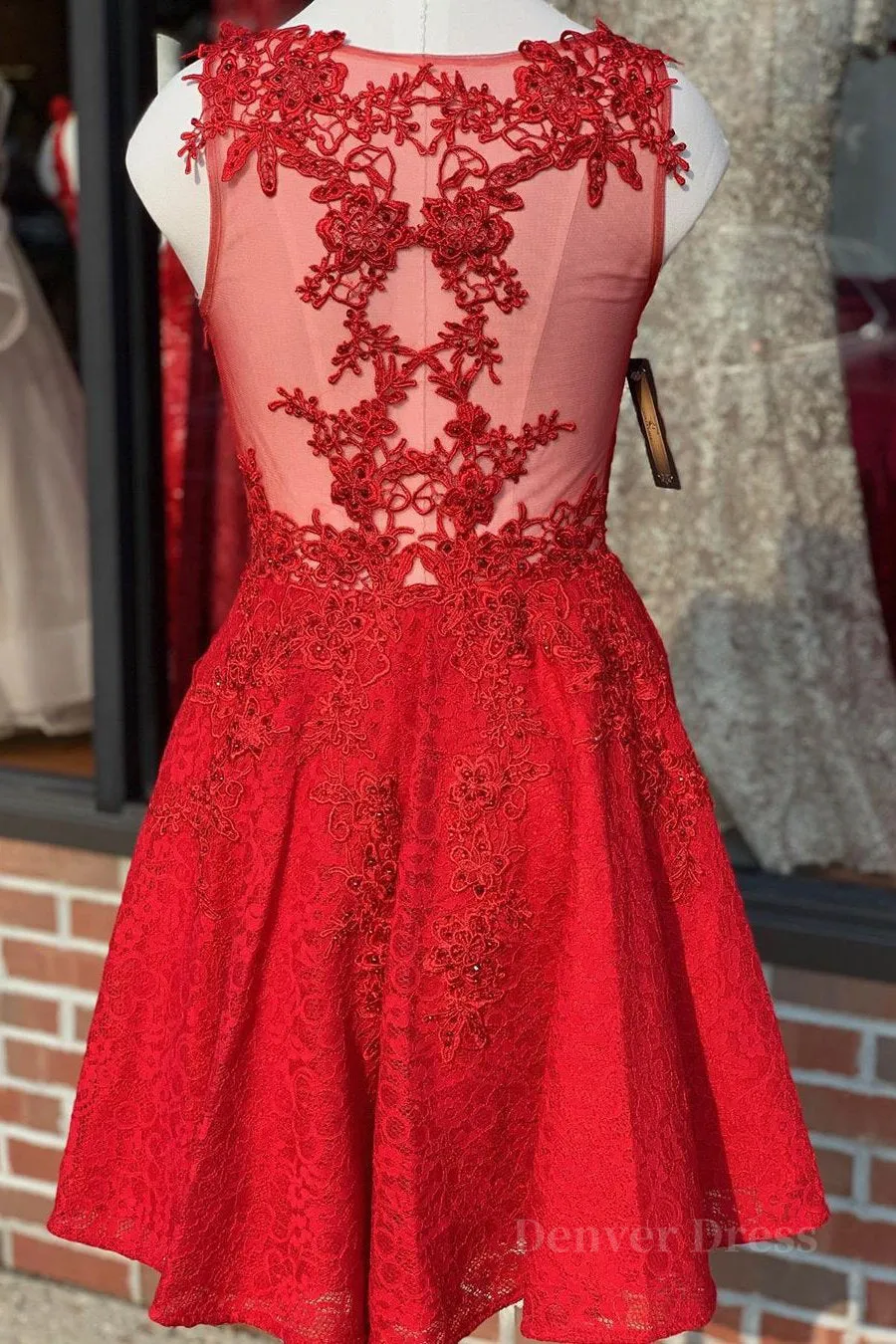 A Line V Neck Short Red Lace Prom Dress Red Lace Formal Graduation Homecoming Dress