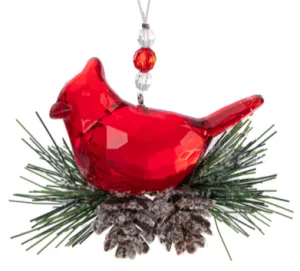 Acrylic Winter Pine Red Cardinal Ornament With Greenery & Pine Cones