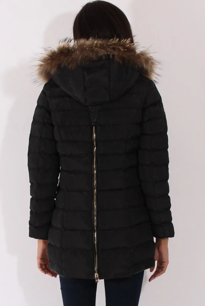 Black Long Quilted Coat with Faux Fur Hood - Calypso