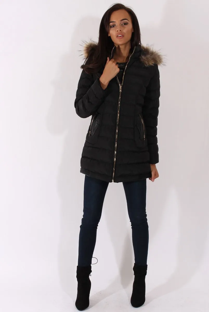 Black Long Quilted Coat with Faux Fur Hood - Calypso