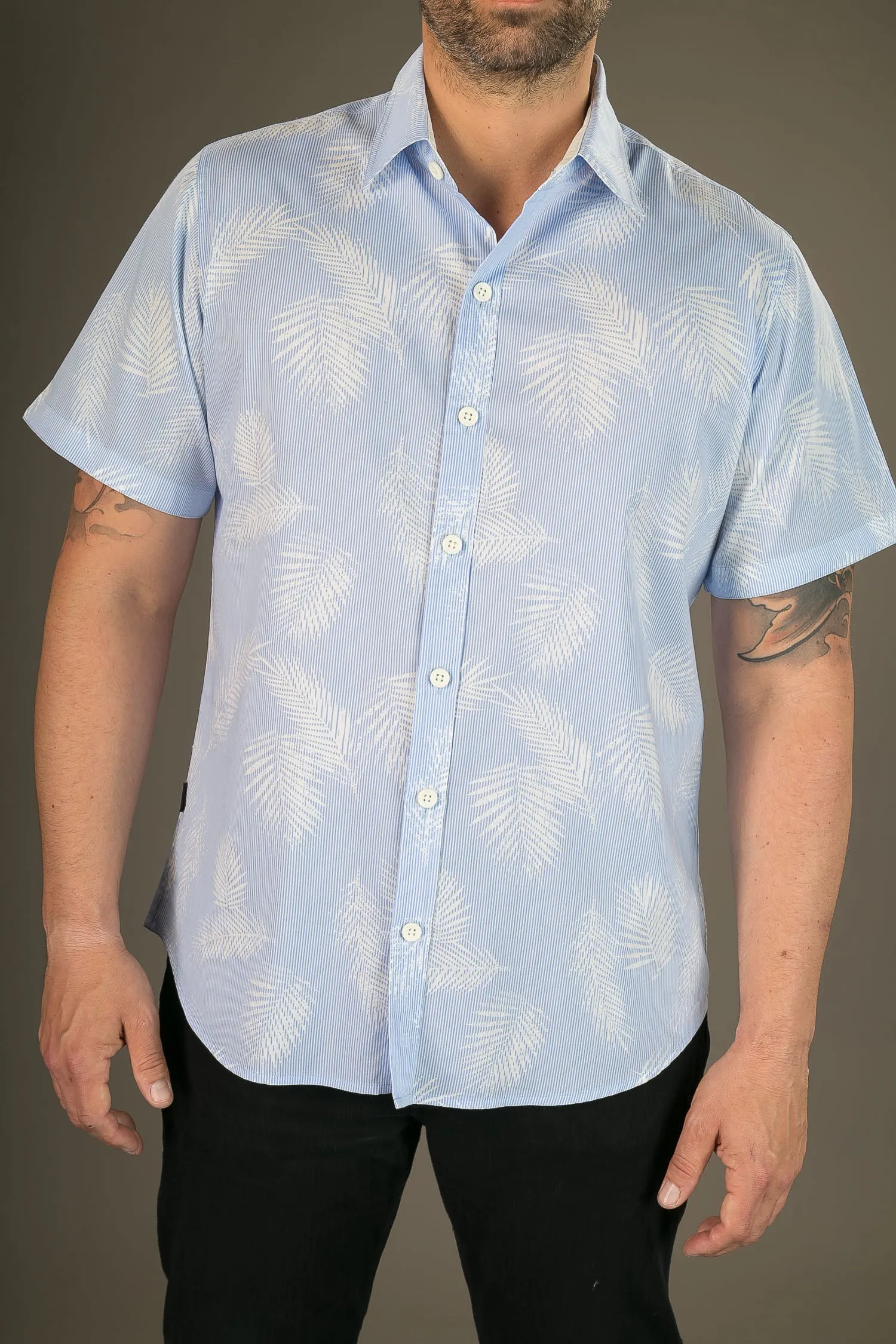 Blue Floral Print Cotton Slim Fit Mens Shirt Short Sleeve