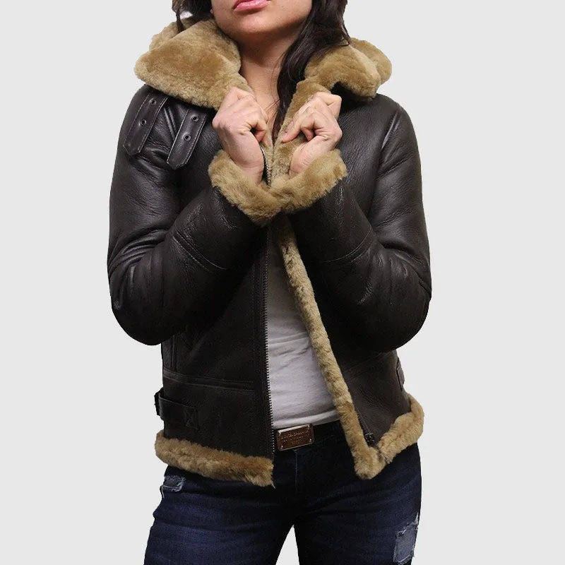 Buy Best Leather Sheepskin Shearlin g Jacket Womens | B3 WW2 Aviator Flying Hooded Jacket