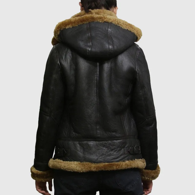 Buy Best Leather Sheepskin Shearlin g Jacket Womens | B3 WW2 Aviator Flying Hooded Jacket