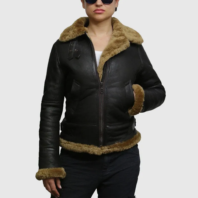 Buy Best Leather Sheepskin Shearlin g Jacket Womens | B3 WW2 Aviator Flying Hooded Jacket