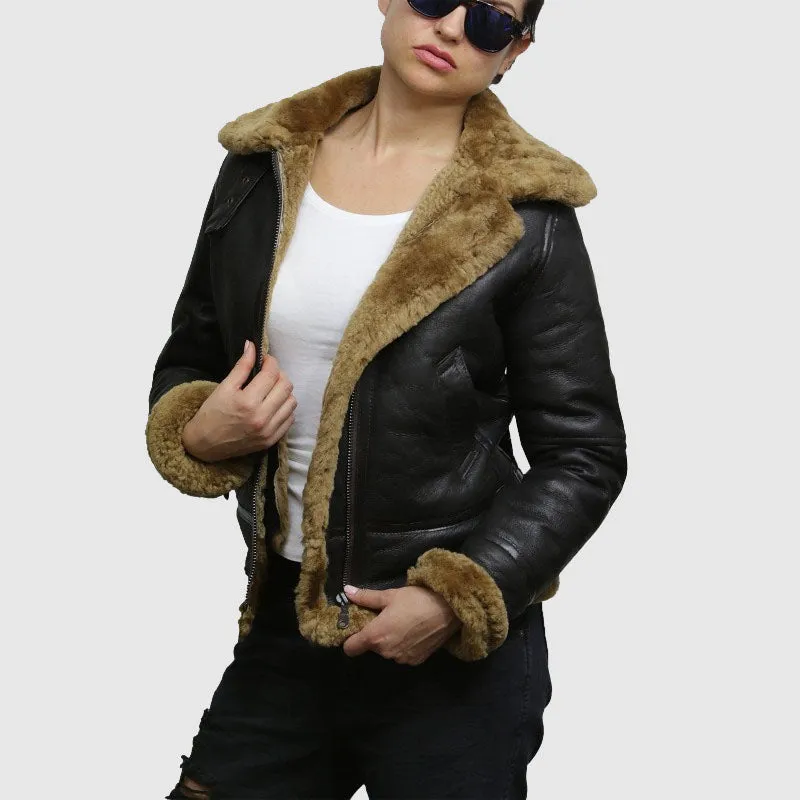 Buy Best Leather Sheepskin Shearlin g Jacket Womens | B3 WW2 Aviator Flying Hooded Jacket