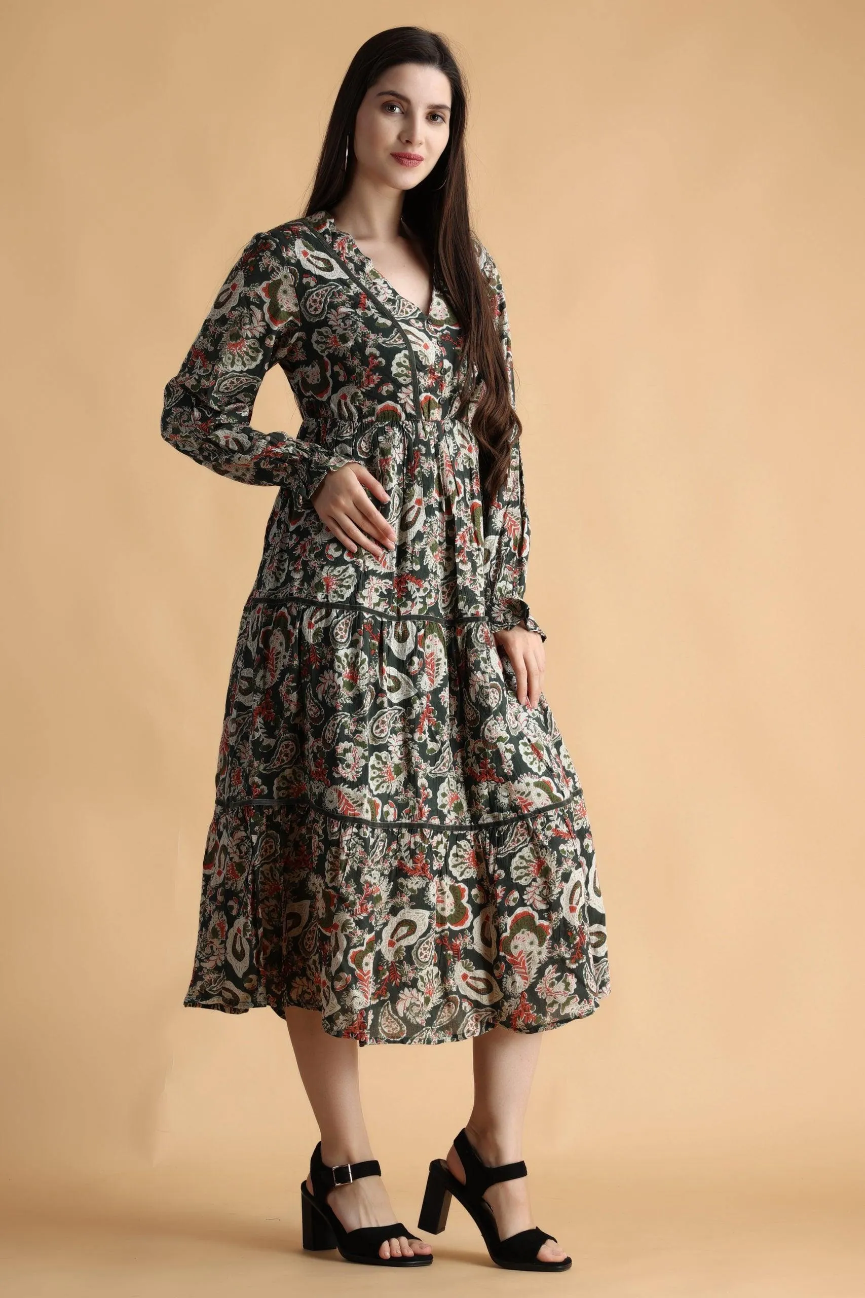 Dark Green Floral Printed Dress