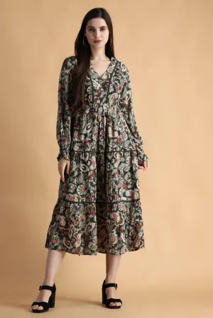 Dark Green Floral Printed Dress