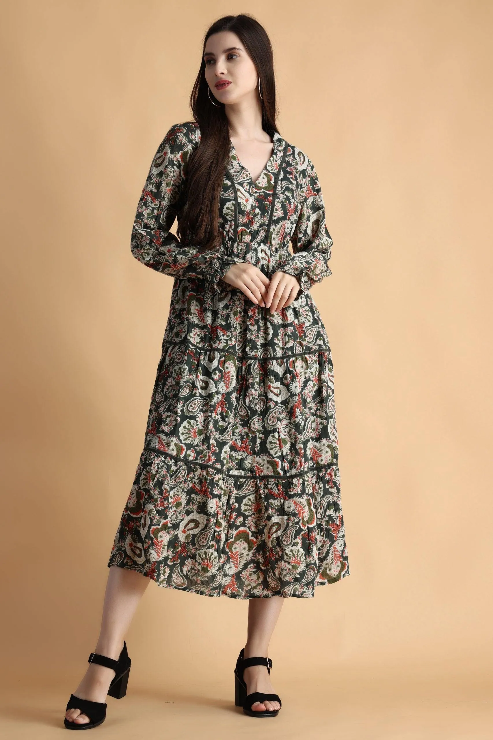 Dark Green Floral Printed Dress