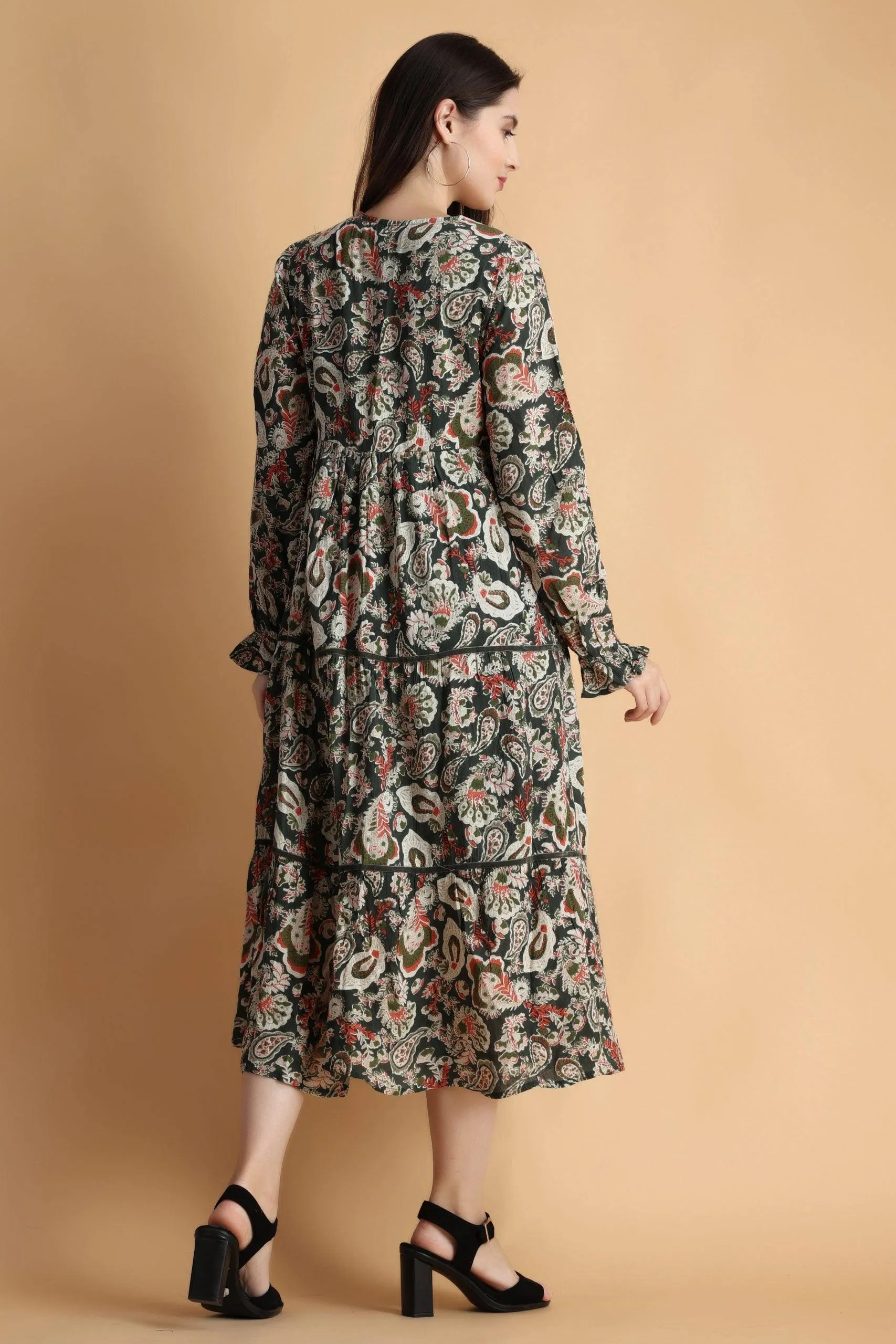 Dark Green Floral Printed Dress