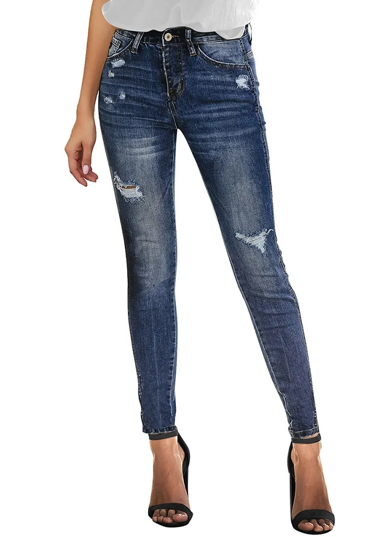 Deep Blue High-Rise Ripped Skinny Denim Jeans