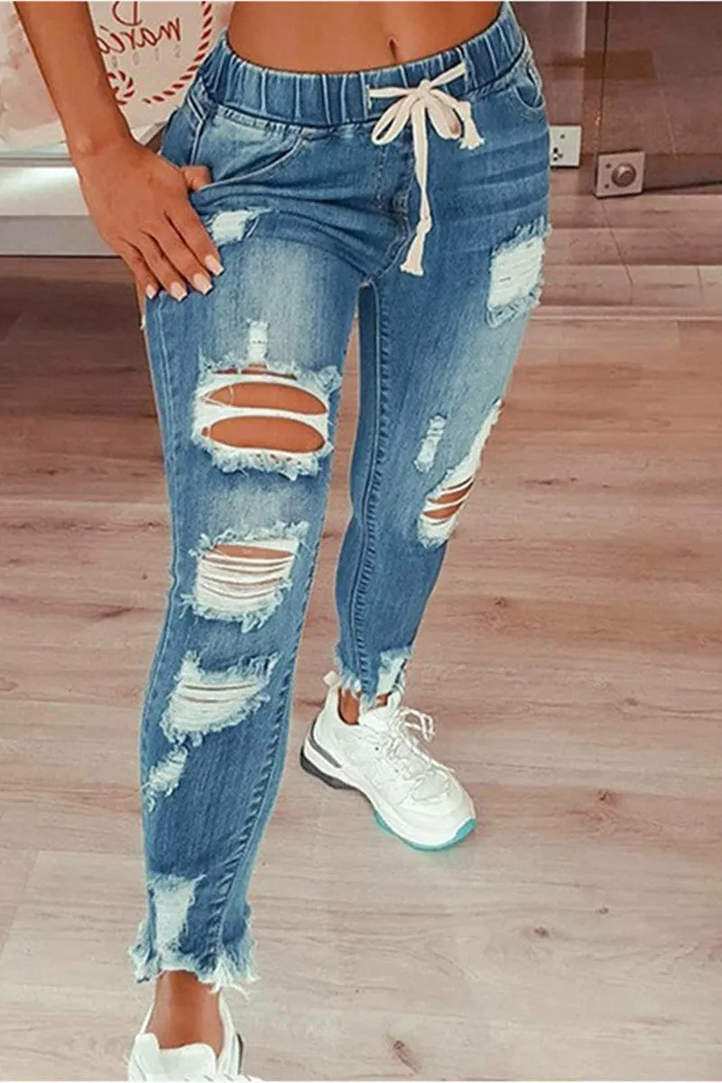 Fashion Casual Solid Ripped Mid Waist Regular Jeans