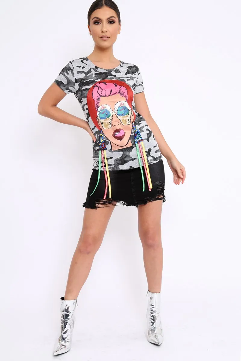 Grey Camo Crew Neck Girls Face T shirt with Tassels - Lenna