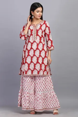 Hand block printed Red Short Kurta with matching Sharara