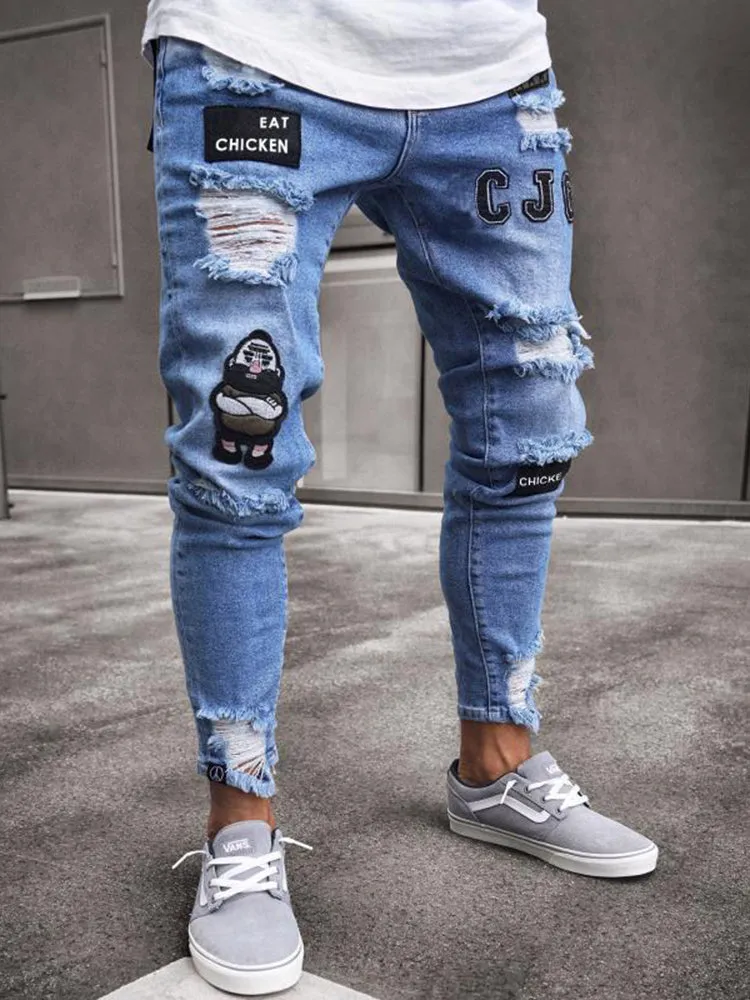 Hip Hop Cartoon Print Ripped Jeans