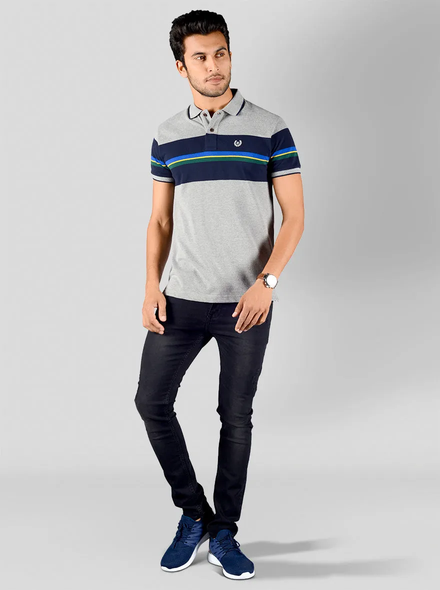 Light Grey & Blue Striped Slim Fit Polo T-shirt | Greenfibre