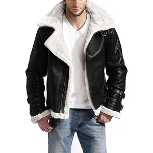 Mens’s Winter B3 WW2 Aviator Fighter Pilots Raf Bomber White Fur Black Leather Jacket