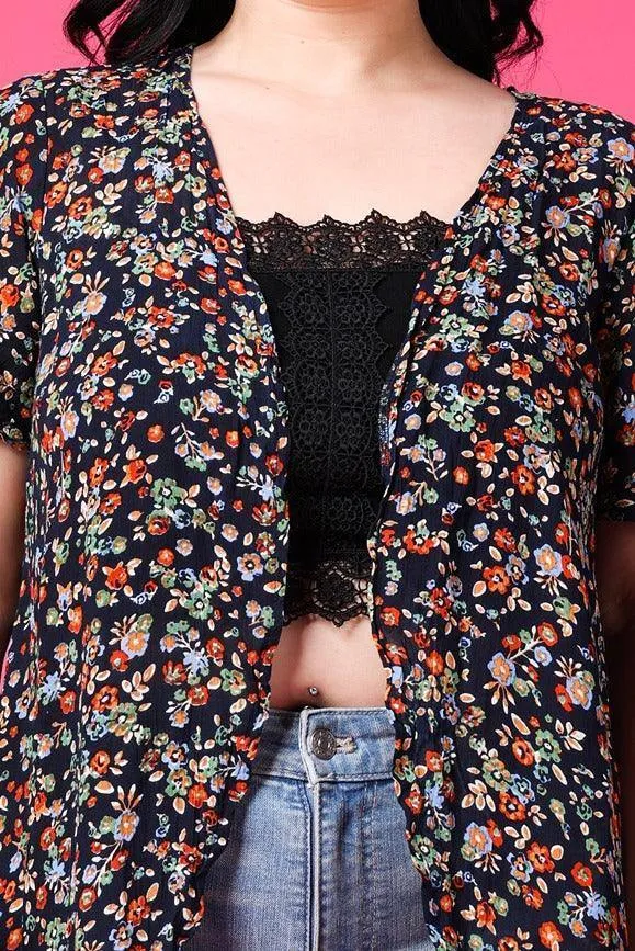 Navy Blue Floral Printed Shrug