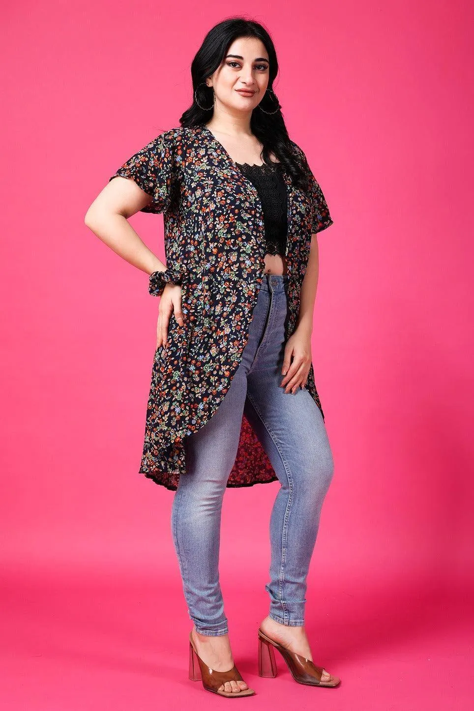 Navy Blue Floral Printed Shrug