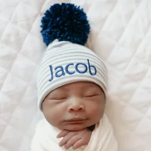 Personalized Grey and White Striped Newborn Baby Boy Hospital Beanie Hat with Navy Blue Pom Pom Infant Hat Newborn Hat