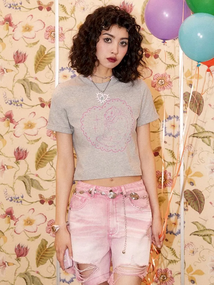 Pink Love Cat Pattern Printed Short Sleeve T-Shirt【s0000008855】