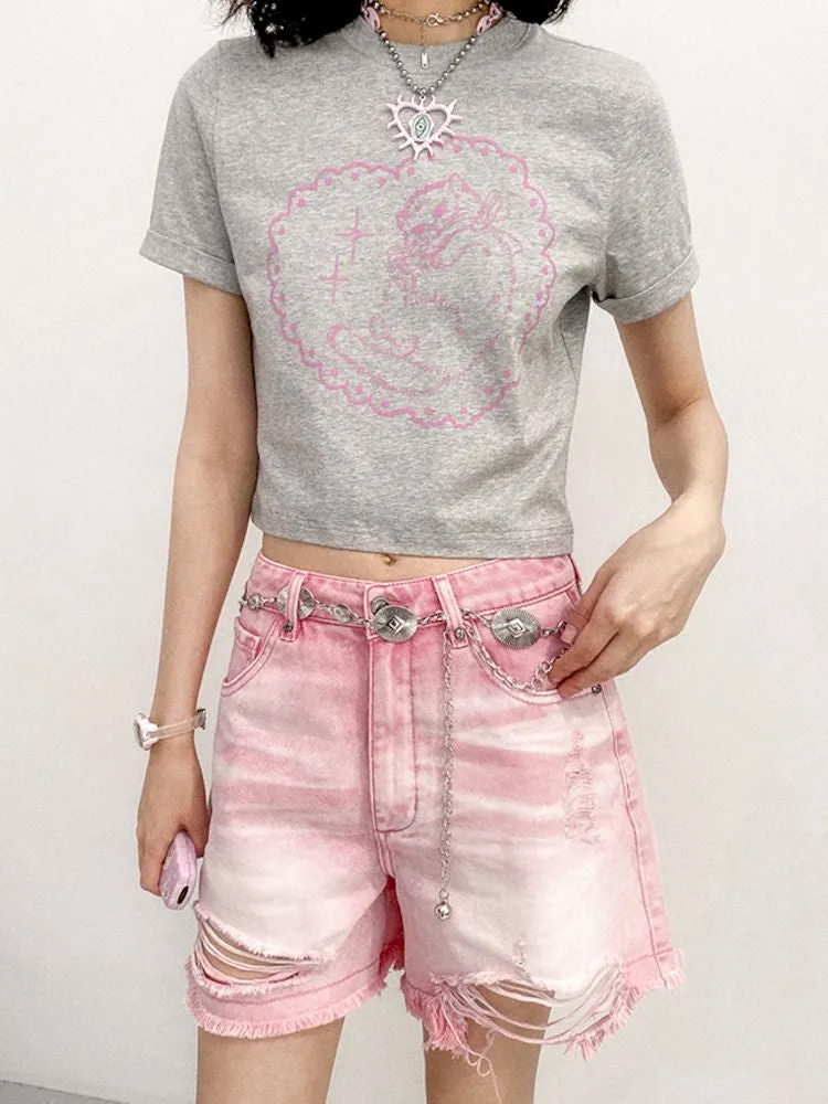 Pink Love Cat Pattern Printed Short Sleeve T-Shirt【s0000008855】