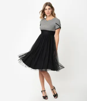 Retro Style Houndstooth & Black Mesh Short Sleeve Cocktail Dress