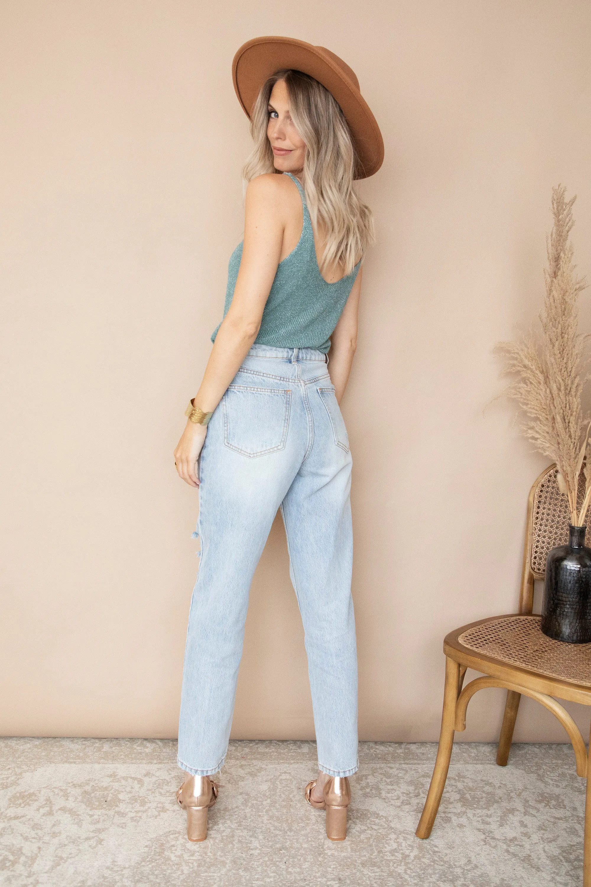 Ripped Detail Mom Light Blue - Jeans