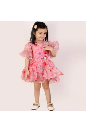 Rose Pink Floral Printed Organza Dress