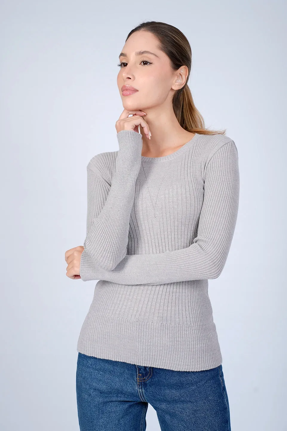 Round Neck Grey Ripped Knit Wear