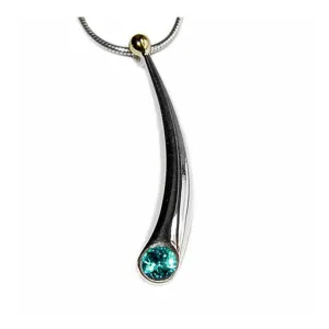 Short curved silver wiggly pendant with blue topaz & 18ct gold bead