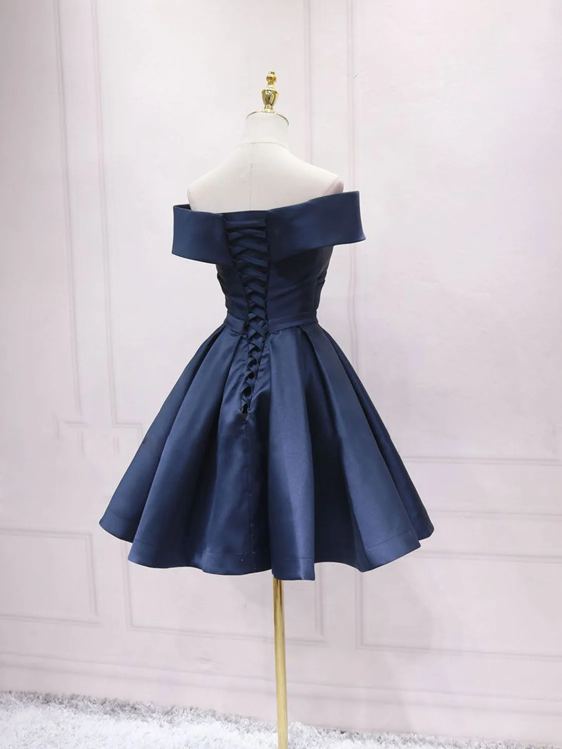 Simple Off Shoulder Satin Dark Blue Short Prom Dress, Blue Homecoming Dress