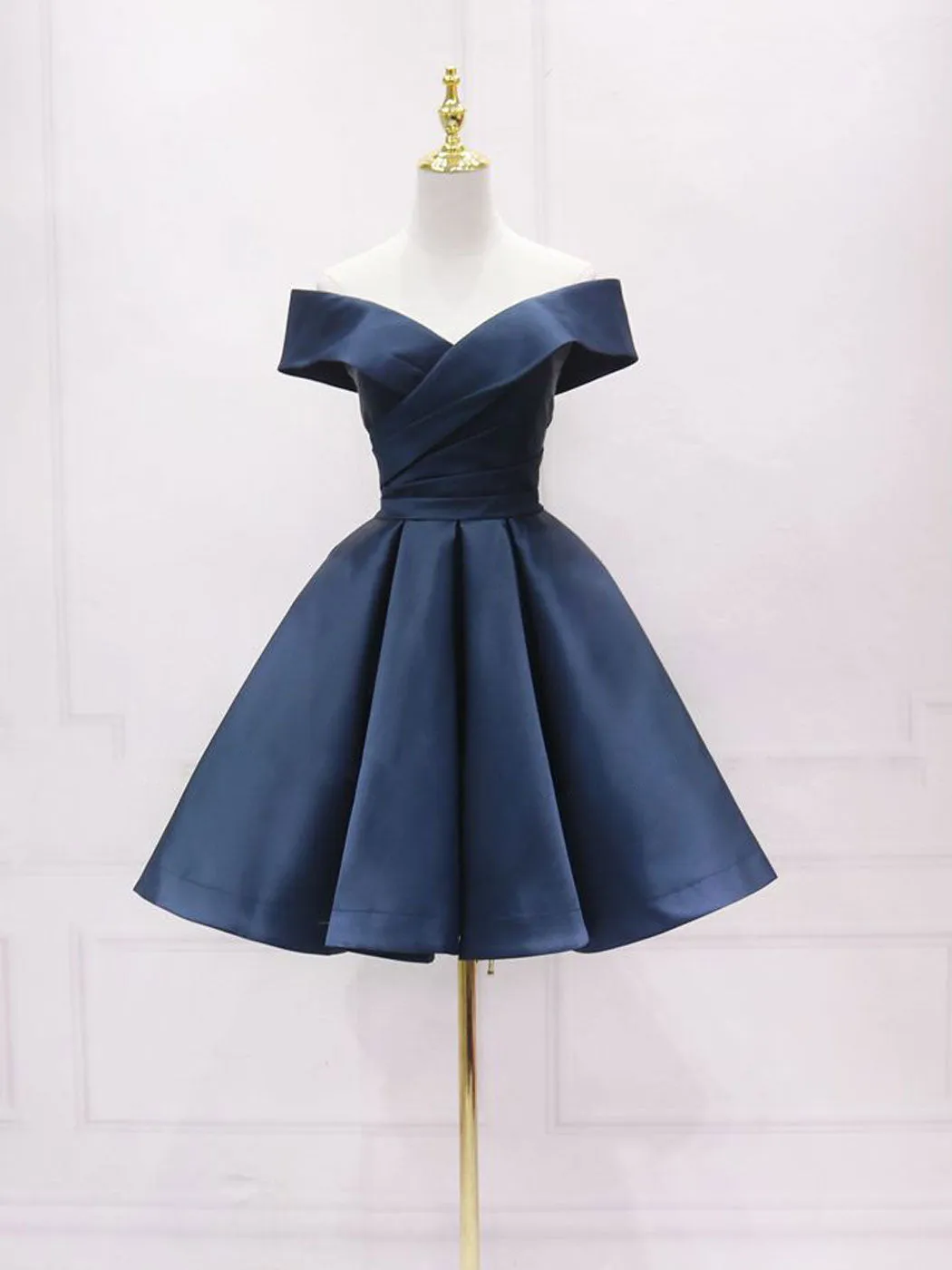 Simple Off Shoulder Satin Dark Blue Short Prom Dress, Blue Homecoming Dress