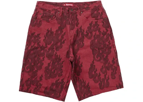 Supreme Flames Jacquard Baggy Denim Short Washed Red