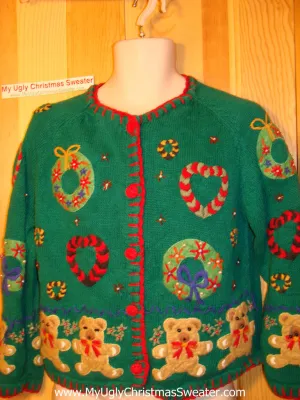 Tacky Ugly Christmas Sweater 80s Gem 2sided Design with Bears and Wreaths (f152)