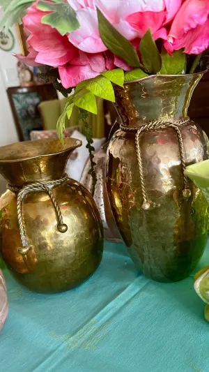 Vintage Brass Spittoon Vase - Rope Detail