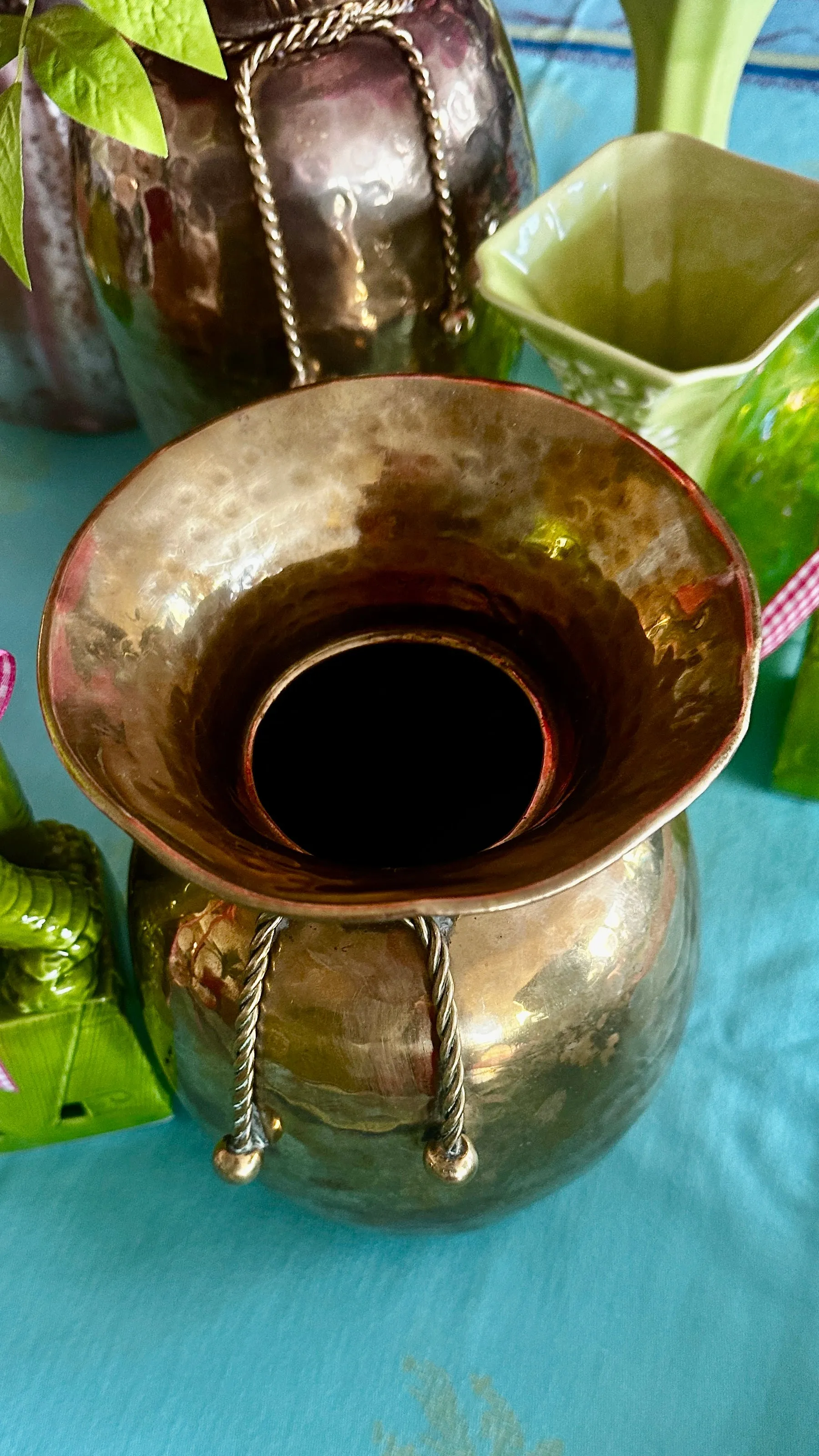 Vintage Brass Spittoon Vase - Rope Detail