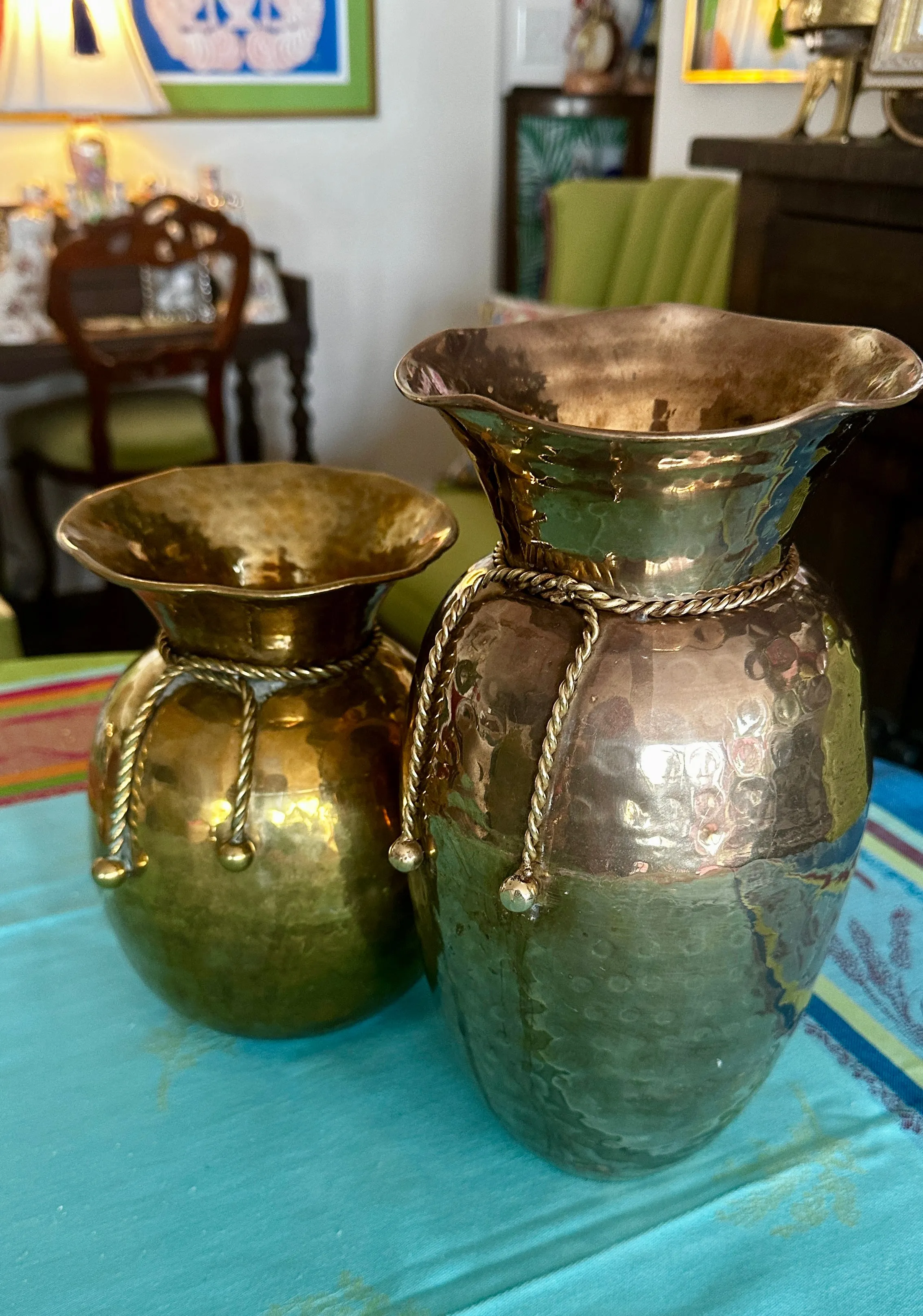 Vintage Brass Spittoon Vase - Rope Detail