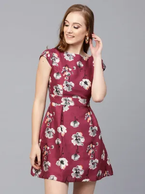 Women Burgundy Floral Silk Skater Dress