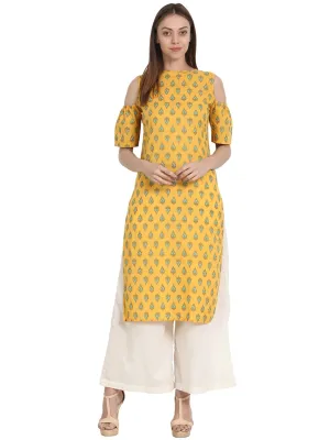 Women Yellow Printed Half Sleeve Cotton Off Shoulder Kurta