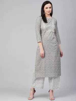 Women'S Grey & White Printed Kurta With Palazzos