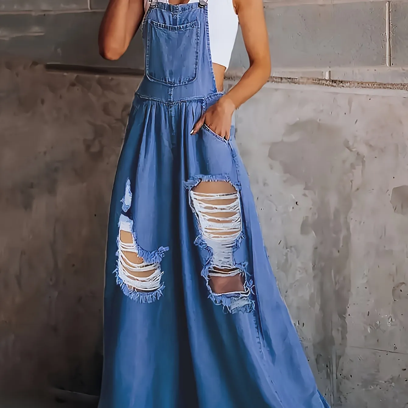 Womens Ripped Denim Jumpsuit - Fashionable Ripped Detail, Loose Fit for Comfort, Trendy Distressed Overall with Stylish Slant Pockets - Casual Everyday Denim Wear