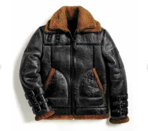 WW2 RAF Men's B3 Bomber Aviator Pilot Authentic Sheepskin Jacket with Double Fur Collar